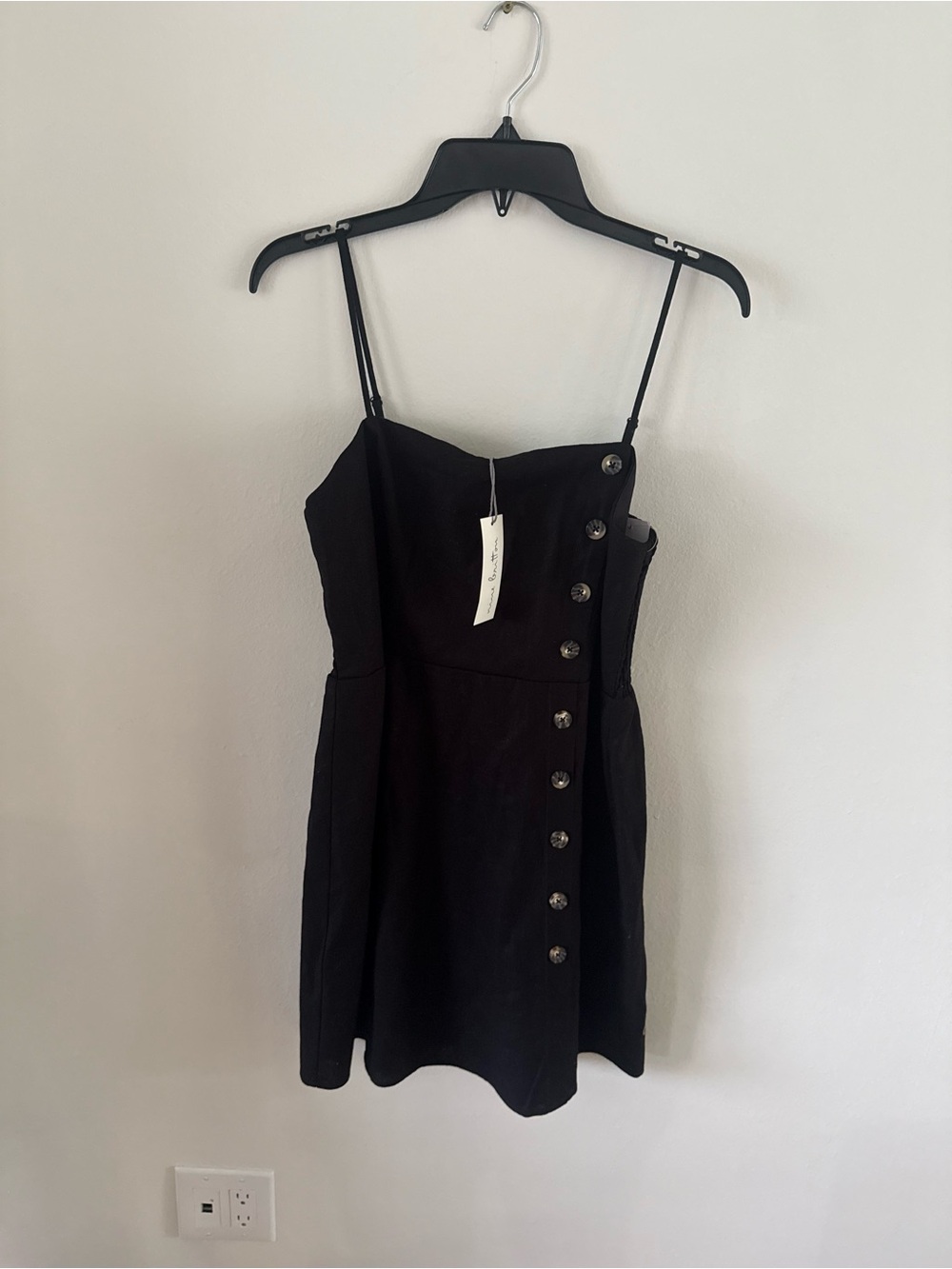 nine britton Black Spaghetti-Strap Mini Dress with Side Buttons